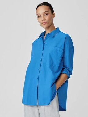 EILEEN FISHER S Washed Organic Cotton Poplin Classic Collar Long Shirt Calypso
